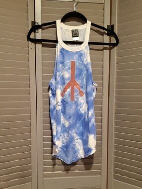 Modern Lux Peace Sign Blue White Tie Dye Print Tank Top Size L